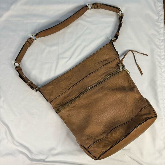 Rebecca Minkoff Large Brown Pebbled Leather Bucket Tote Purse Boho Minimalist - Picture 1 of 14